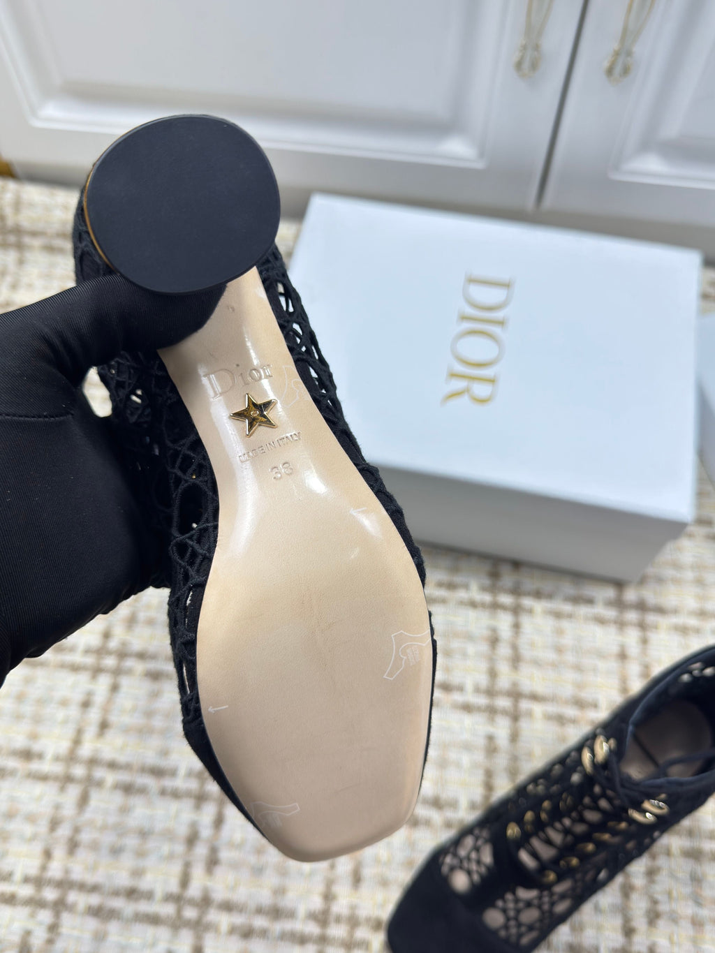DIOR 26S LACE UP ANKLE BOOTS 80MM IN BLACK OPENWORK LACE SUEDE GOLD HEEL
