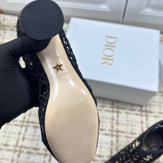 DIOR 26S LACE UP ANKLE BOOTS 80MM IN BLACK OPENWORK LACE SUEDE GOLD HEEL