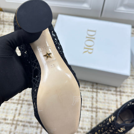 DIOR 26S LACE UP ANKLE BOOTS 80MM IN BLACK OPENWORK LACE SUEDE GOLD HEEL