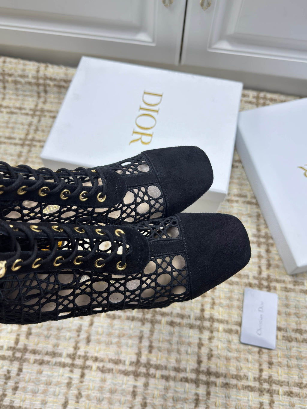 DIOR 26S LACE UP ANKLE BOOTS 80MM IN BLACK OPENWORK LACE SUEDE GOLD HEEL