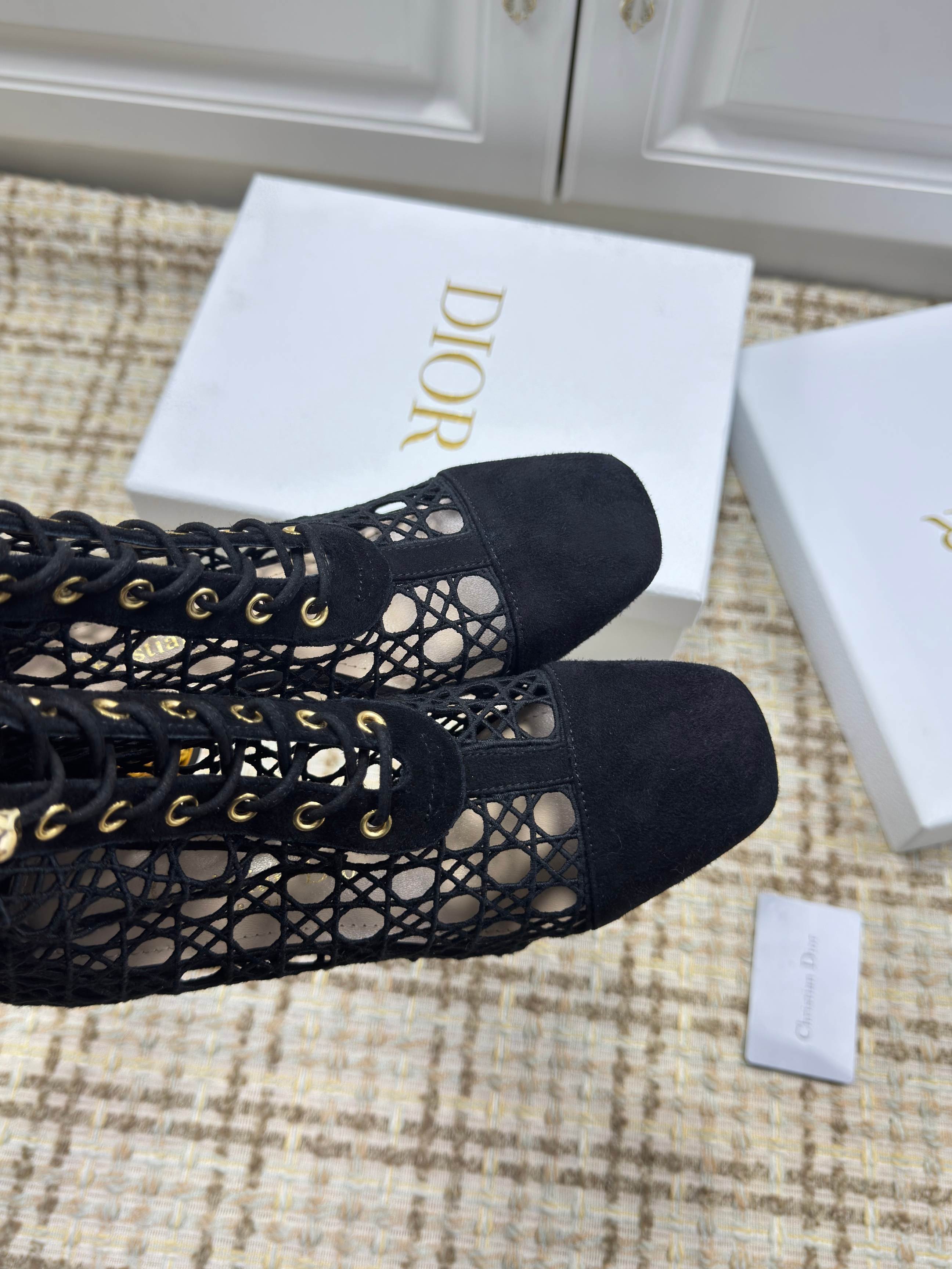 DIOR 26S LACE UP ANKLE BOOTS 80MM IN BLACK OPENWORK LACE SUEDE GOLD HEEL