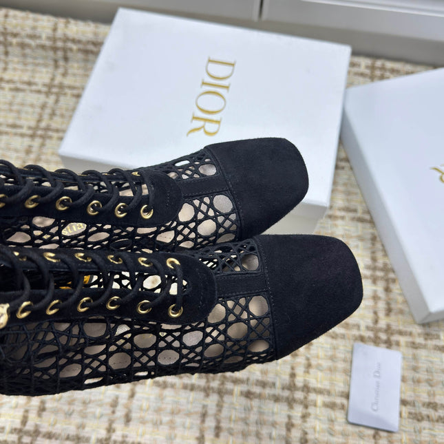 DIOR 26S LACE UP ANKLE BOOTS 80MM IN BLACK OPENWORK LACE SUEDE GOLD HEEL