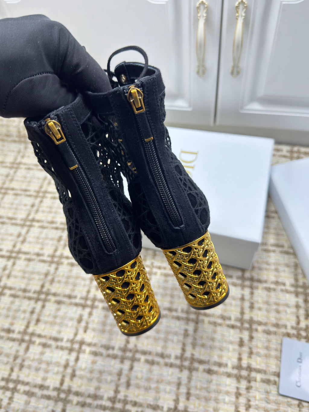 DIOR 26S LACE UP ANKLE BOOTS 80MM IN BLACK OPENWORK LACE SUEDE GOLD HEEL