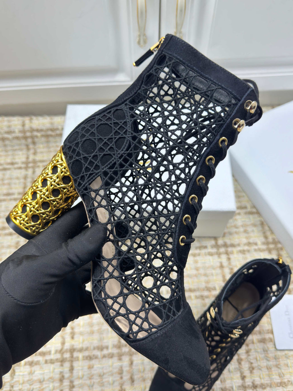 DIOR 26S LACE UP ANKLE BOOTS 80MM IN BLACK OPENWORK LACE SUEDE GOLD HEEL