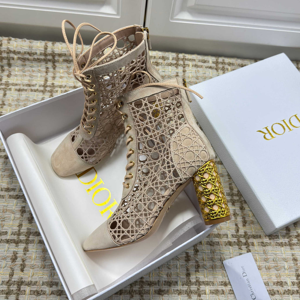 DIOR 26S LACE UP ANKLE BOOTS 80MM IN BEIGE OPENWORK LACE SUEDE GOLD HEEL