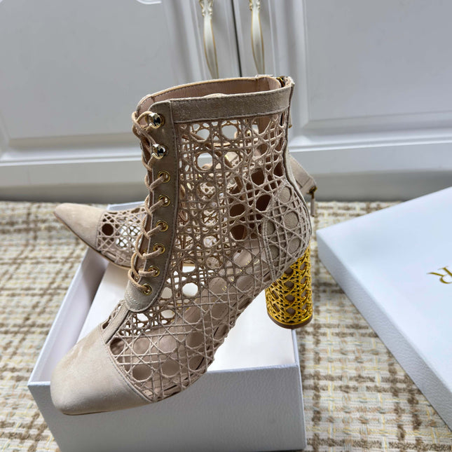 DIOR 26S LACE UP ANKLE BOOTS 80MM IN BEIGE OPENWORK LACE SUEDE GOLD HEEL
