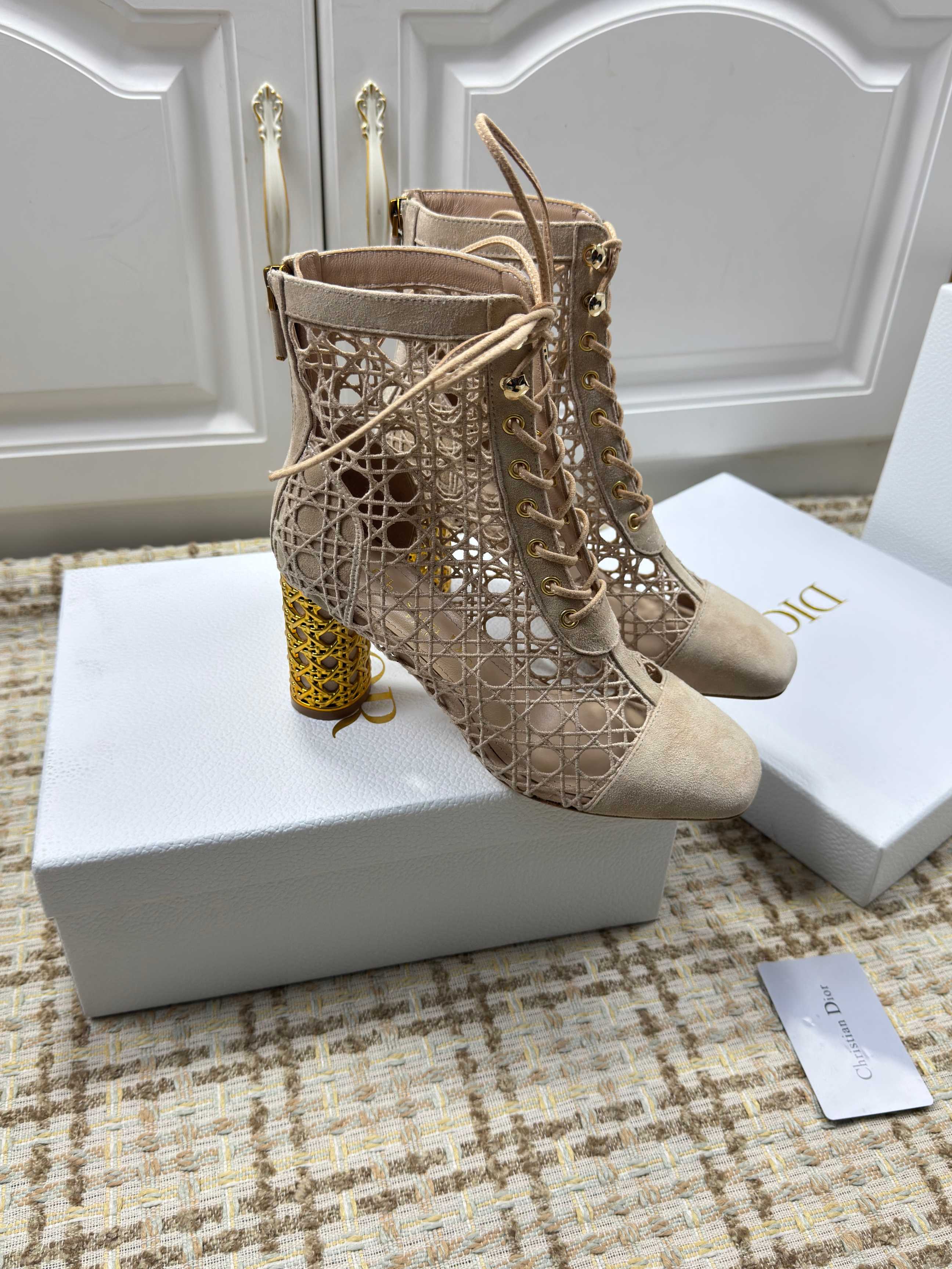 DIOR 26S LACE UP ANKLE BOOTS 80MM IN BEIGE OPENWORK LACE SUEDE GOLD HEEL