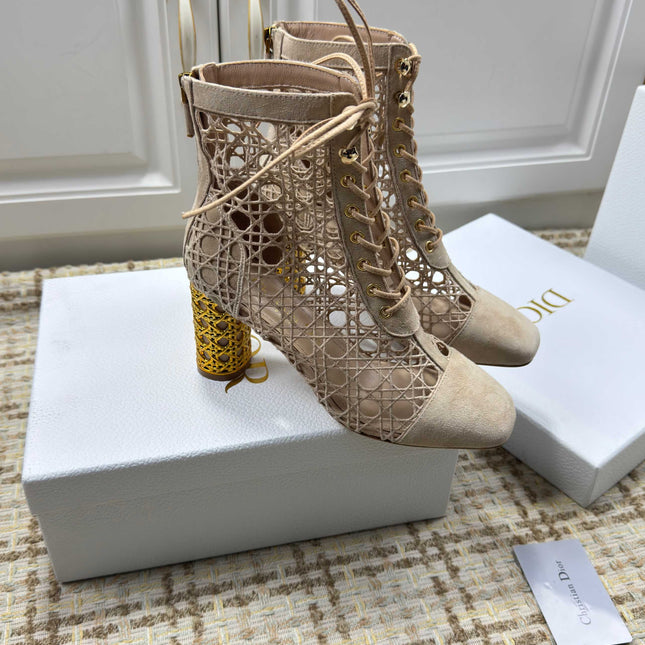 DIOR 26S LACE UP ANKLE BOOTS 80MM IN BEIGE OPENWORK LACE SUEDE GOLD HEEL