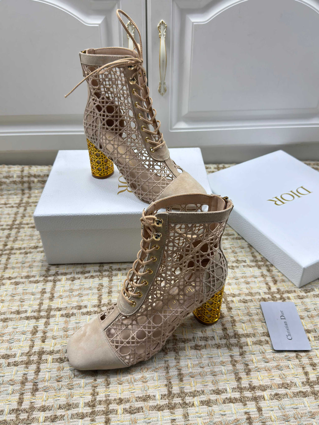 DIOR 26S LACE UP ANKLE BOOTS 80MM IN BEIGE OPENWORK LACE SUEDE GOLD HEEL