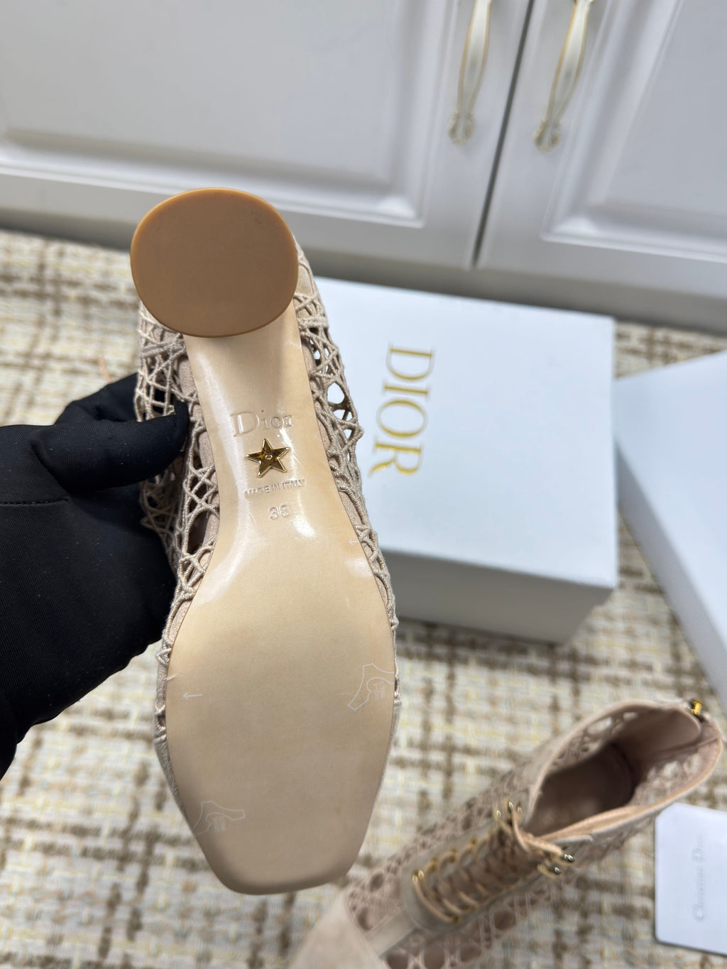 DIOR 26S LACE UP ANKLE BOOTS 80MM IN BEIGE OPENWORK LACE SUEDE GOLD HEEL