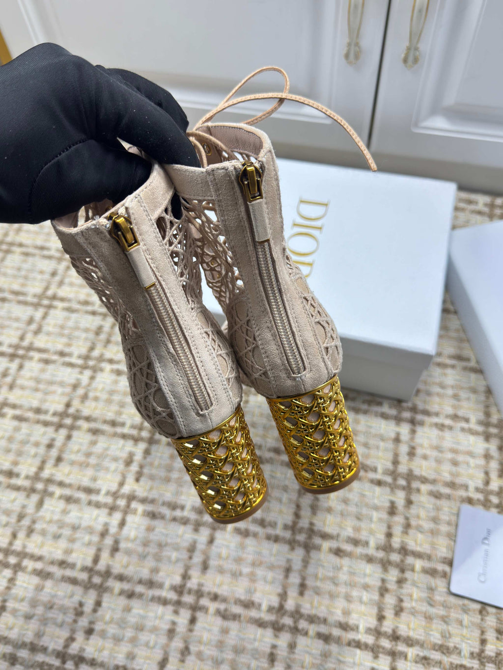 DIOR 26S LACE UP ANKLE BOOTS 80MM IN BEIGE OPENWORK LACE SUEDE GOLD HEEL