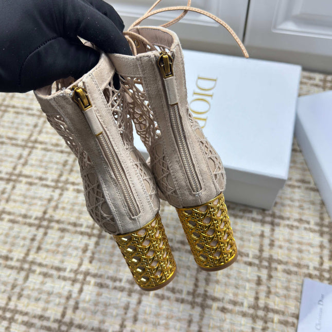 DIOR 26S LACE UP ANKLE BOOTS 80MM IN BEIGE OPENWORK LACE SUEDE GOLD HEEL