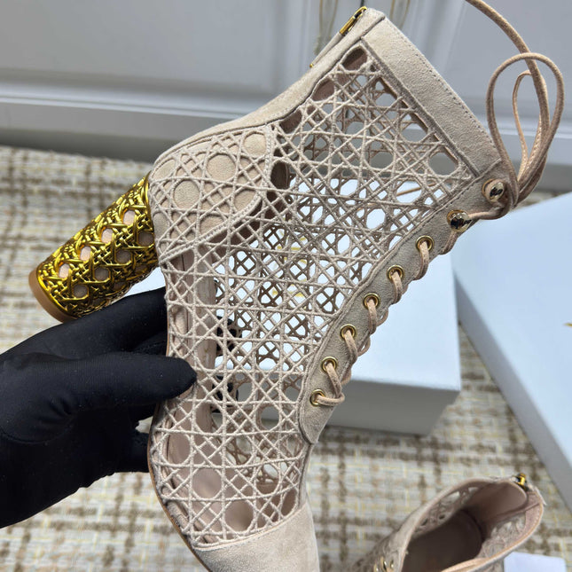 DIOR 26S LACE UP ANKLE BOOTS 80MM IN BEIGE OPENWORK LACE SUEDE GOLD HEEL