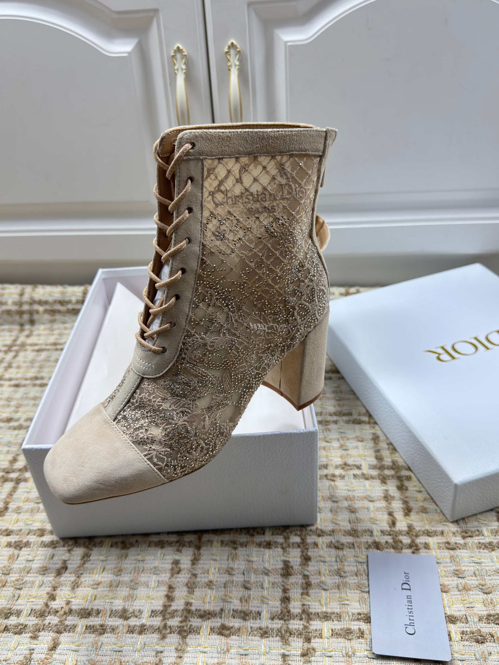 DIOR 26S LACE UP ANKLE BOOTS 35MM IN BEIGE LACE SUEDE BLOCK HEEL