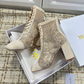 DIOR 26S LACE UP ANKLE BOOTS 35MM IN BEIGE LACE SUEDE BLOCK HEEL