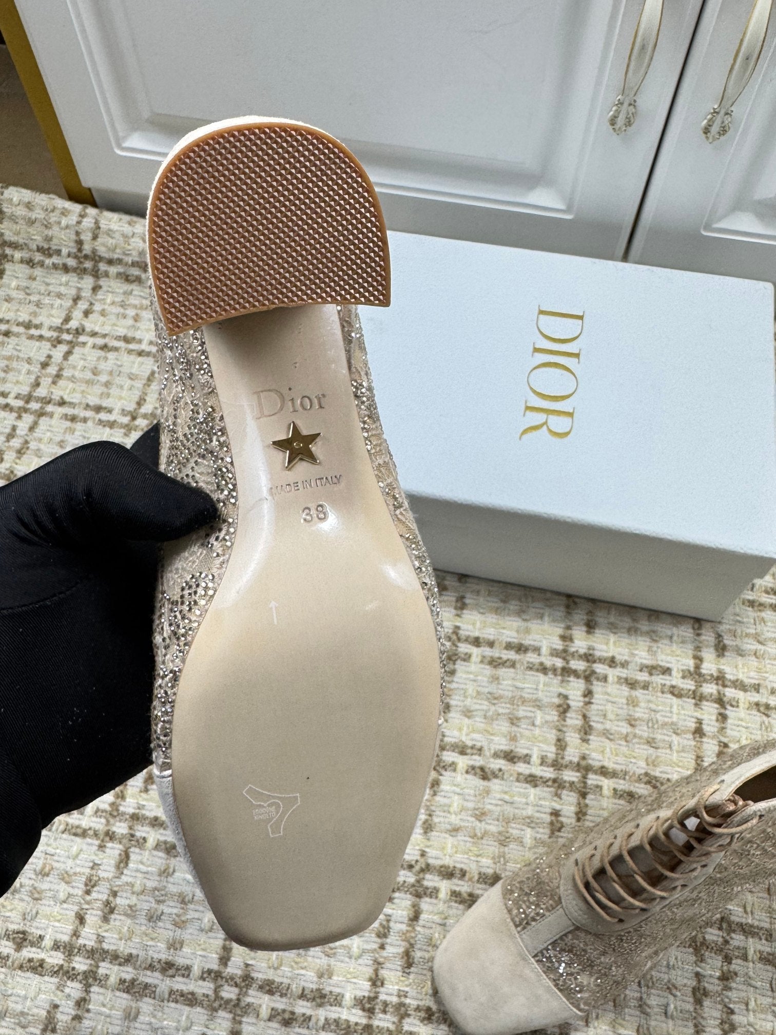 DIOR 26S LACE UP ANKLE BOOTS 35MM IN BEIGE LACE SUEDE BLOCK HEEL