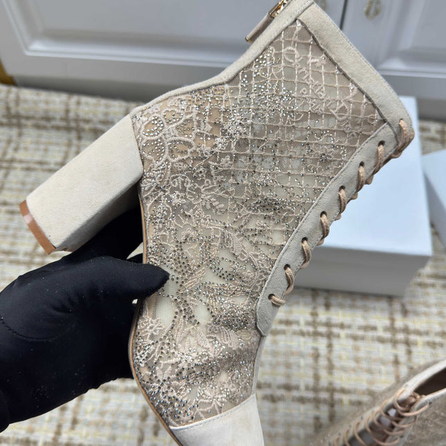 DIOR 26S LACE UP ANKLE BOOTS 35MM IN BEIGE LACE SUEDE BLOCK HEEL