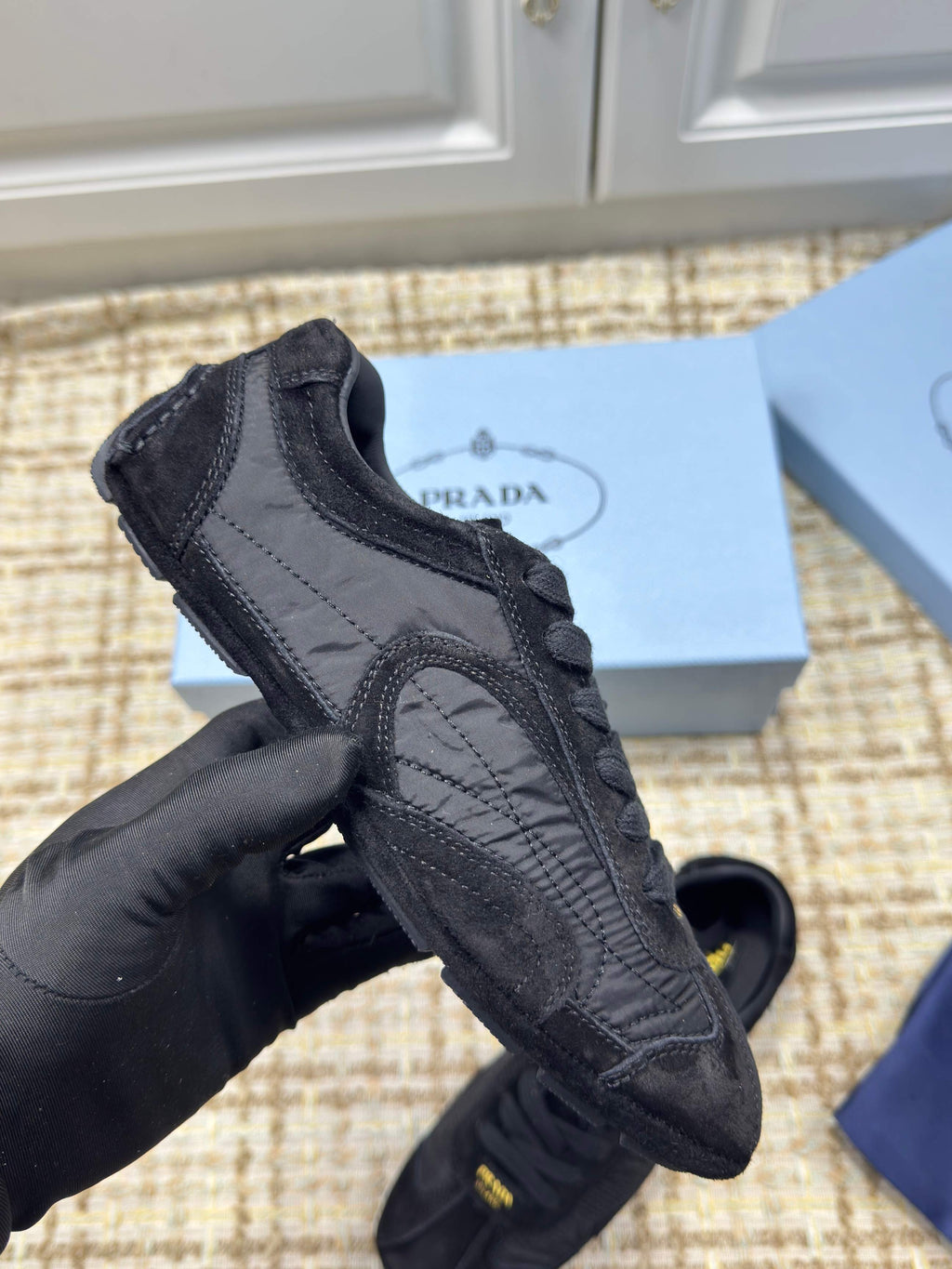 PRADA 26S LOW TOP SNEAKERS IN BLACK NYLON AND SUEDE