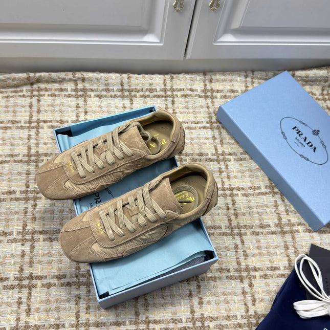 PRADA 26S LOW TOP SNEAKERS IN OLIVE BROWN NYLON AND SUEDE