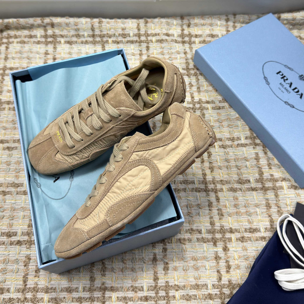 PRADA 26S LOW TOP SNEAKERS IN OLIVE BROWN NYLON AND SUEDE