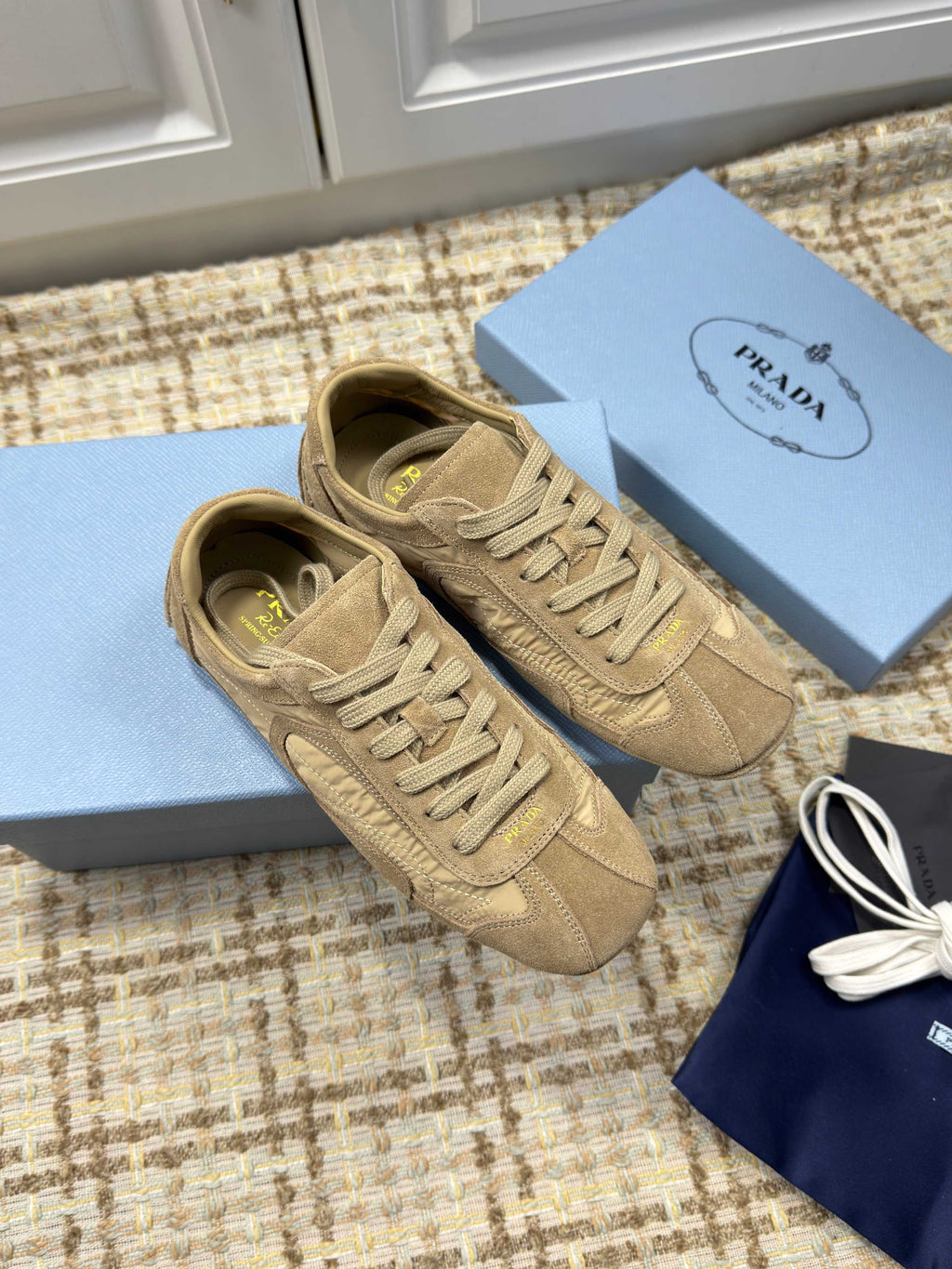 PRADA 26S LOW TOP SNEAKERS IN OLIVE BROWN NYLON AND SUEDE
