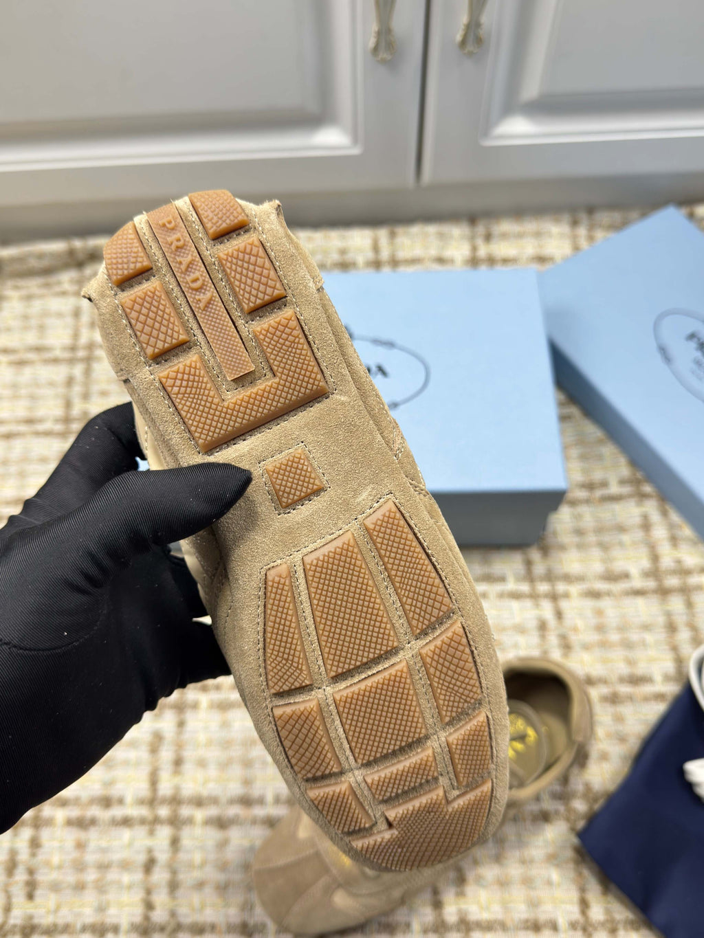 PRADA 26S LOW TOP SNEAKERS IN OLIVE BROWN NYLON AND SUEDE