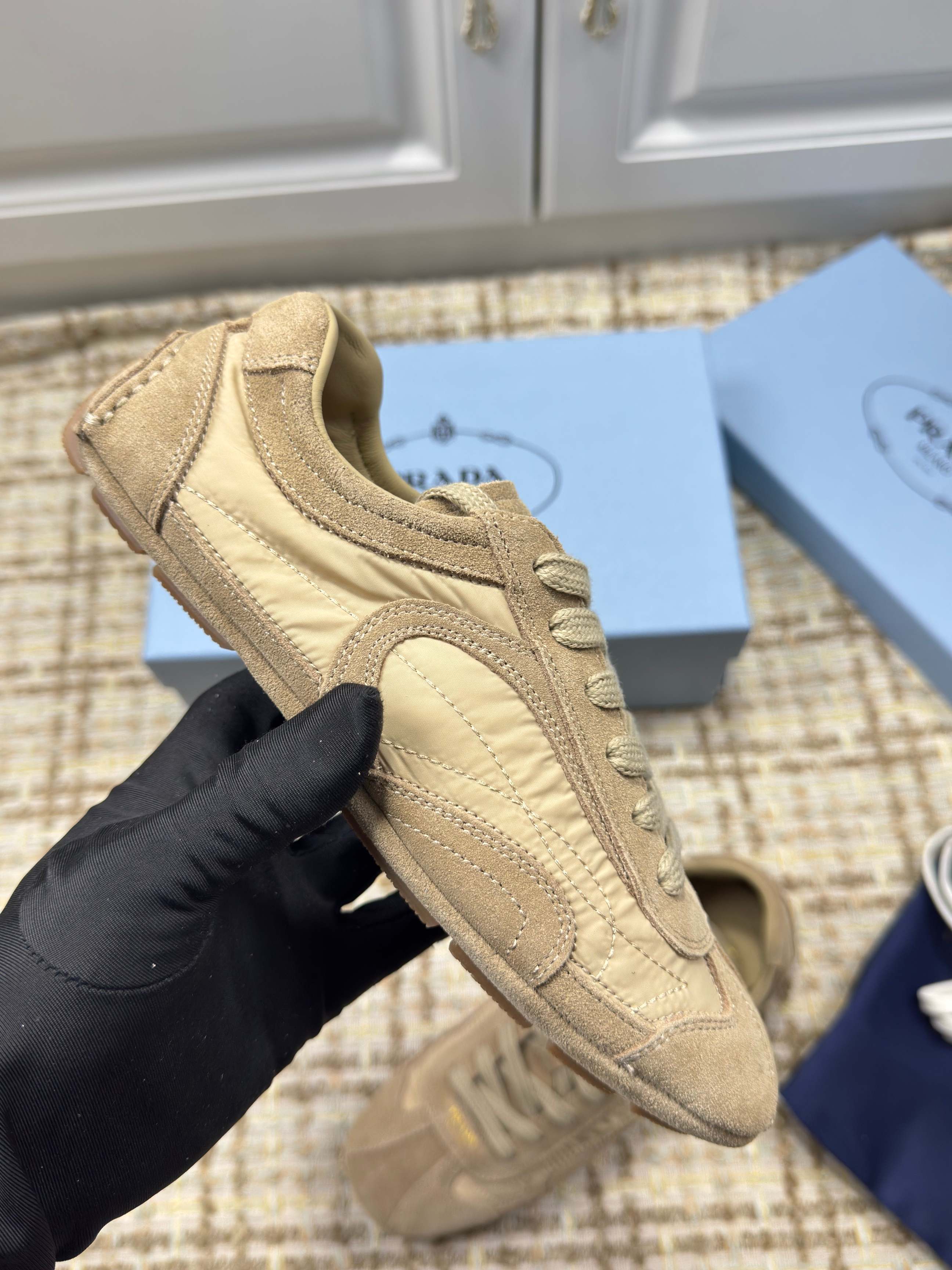 PRADA 26S LOW TOP SNEAKERS IN OLIVE BROWN NYLON AND SUEDE