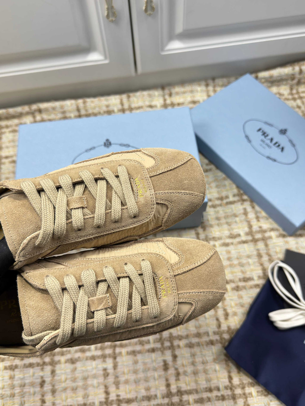 PRADA 26S LOW TOP SNEAKERS IN OLIVE BROWN NYLON AND SUEDE