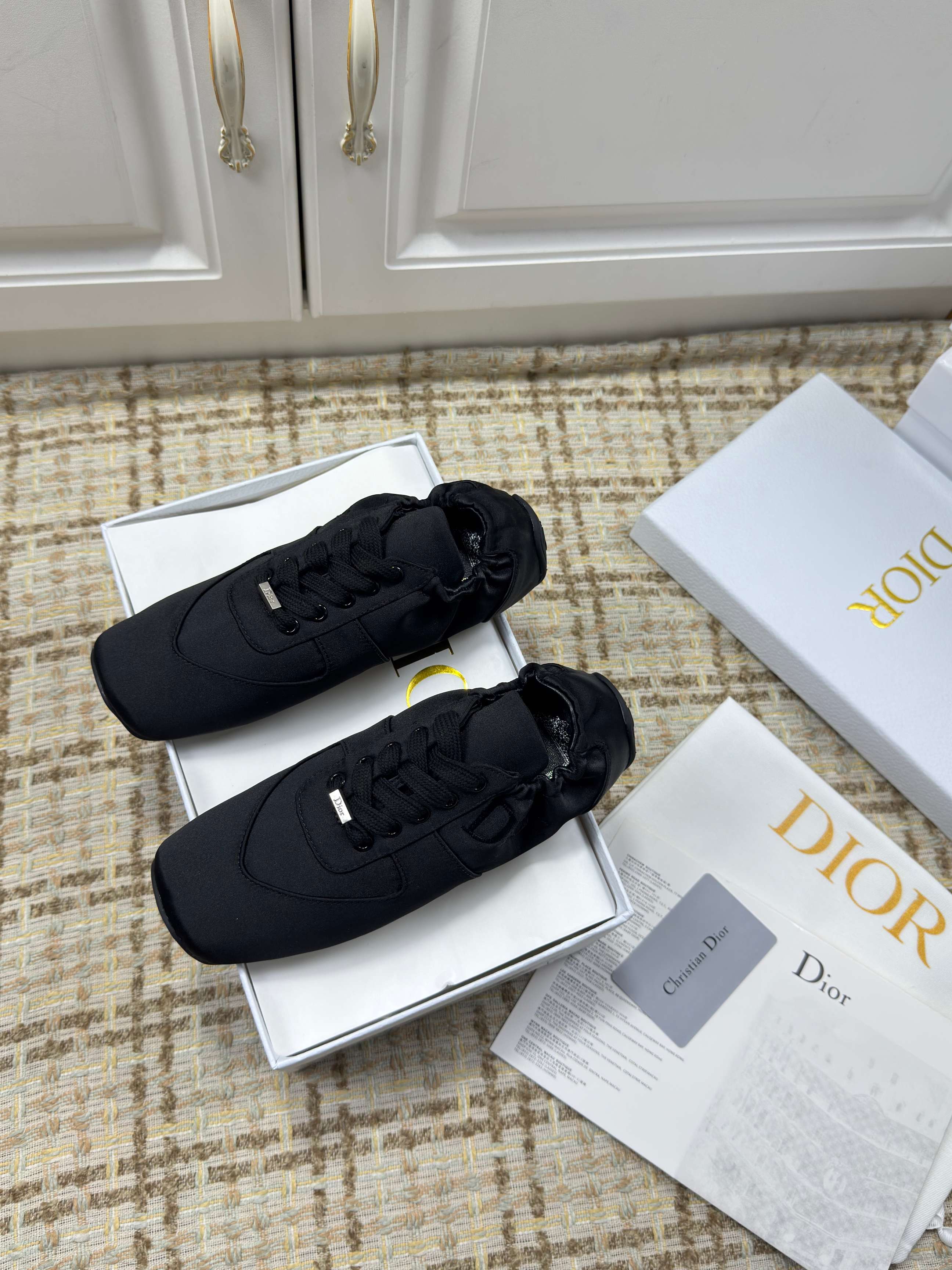 DIOR 26S LOW TOP SNEAKERS IN BLACK SATIN DIOR LOGO