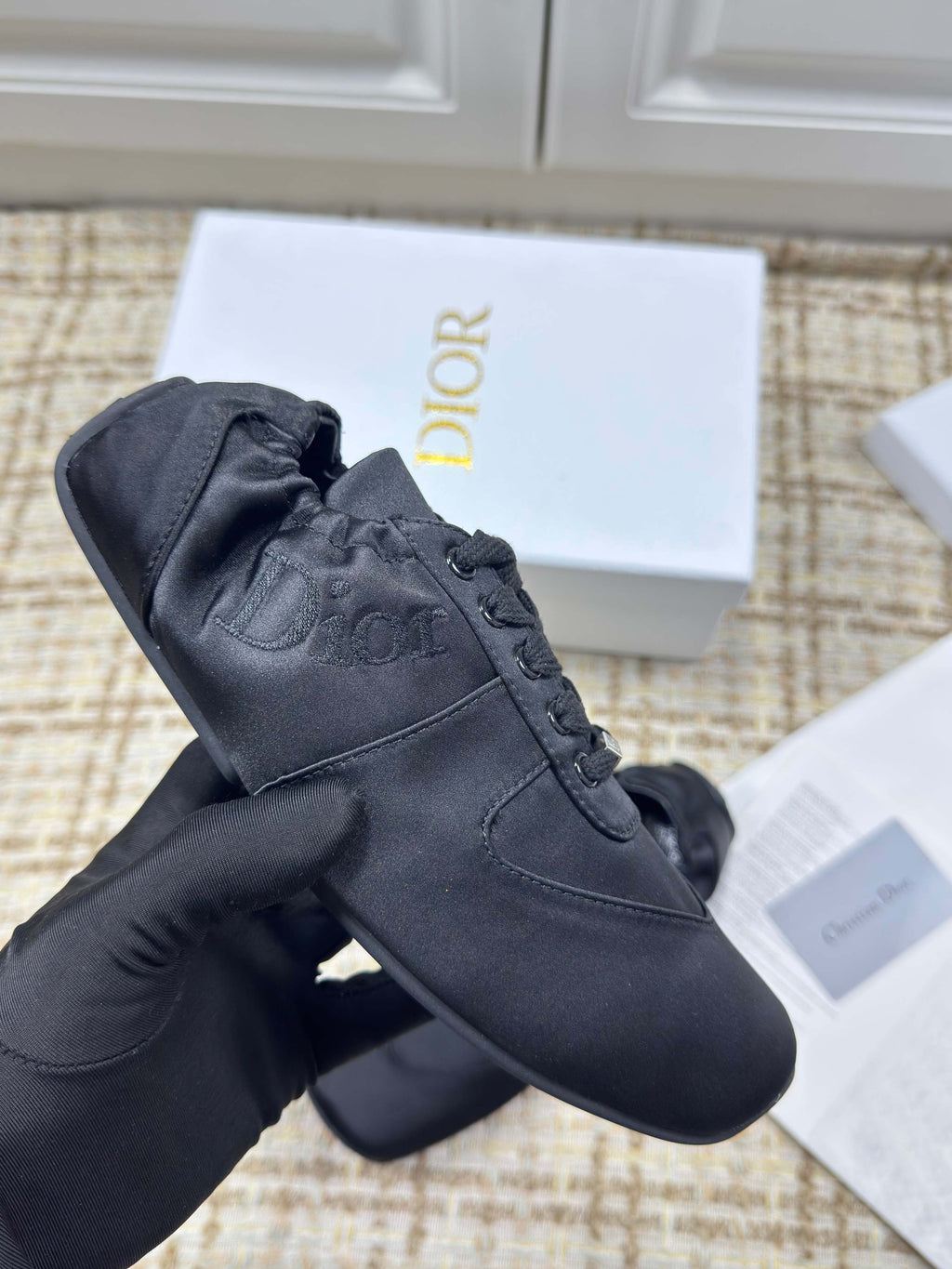 DIOR 26S LOW TOP SNEAKERS IN BLACK SATIN DIOR LOGO
