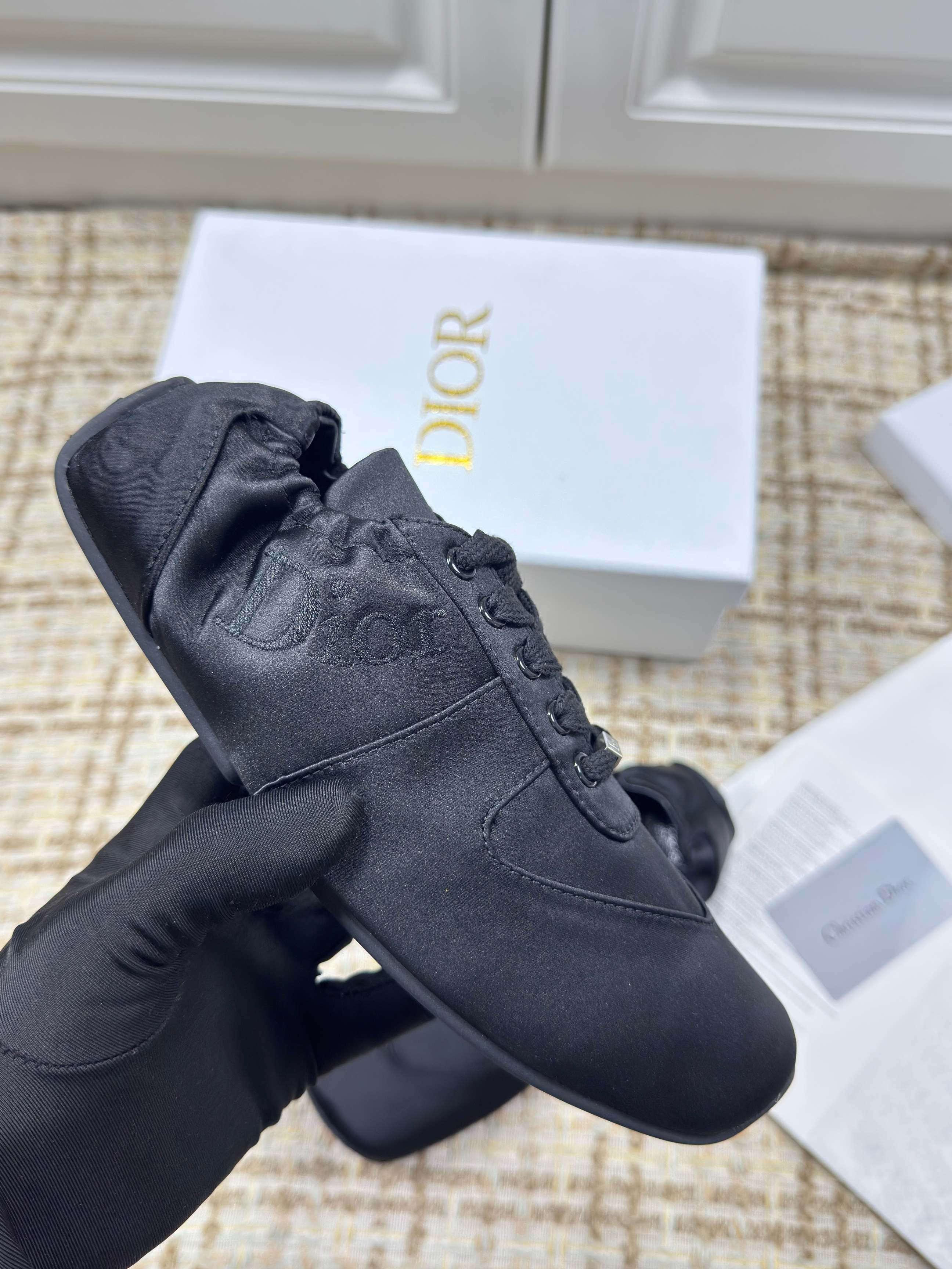 DIOR 26S LOW TOP SNEAKERS IN BLACK SATIN DIOR LOGO