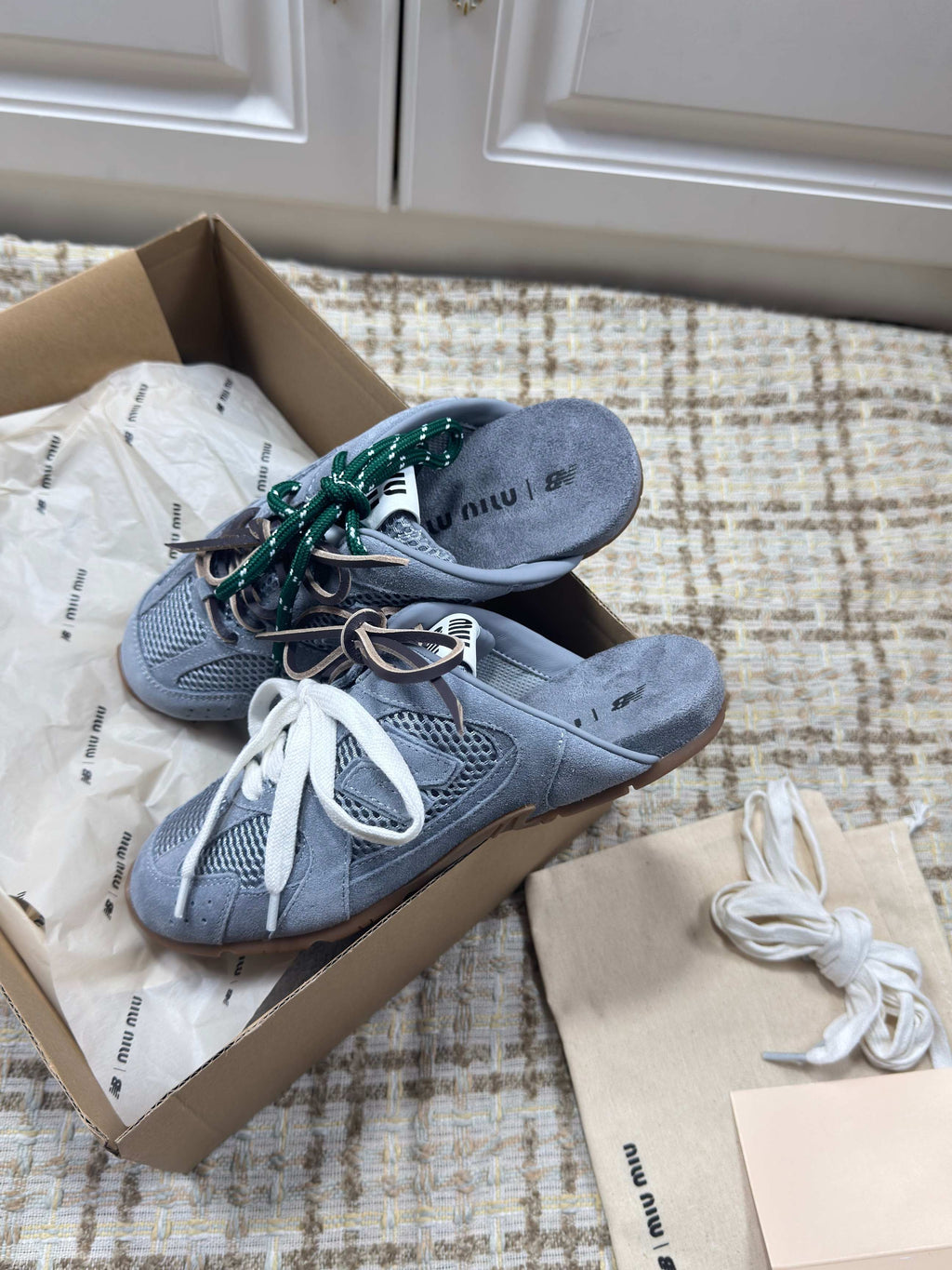 MIUMIU 26S NEW BALANCE SNEAKER MULES IN DUSTY BLUE SUEDE AND MESH