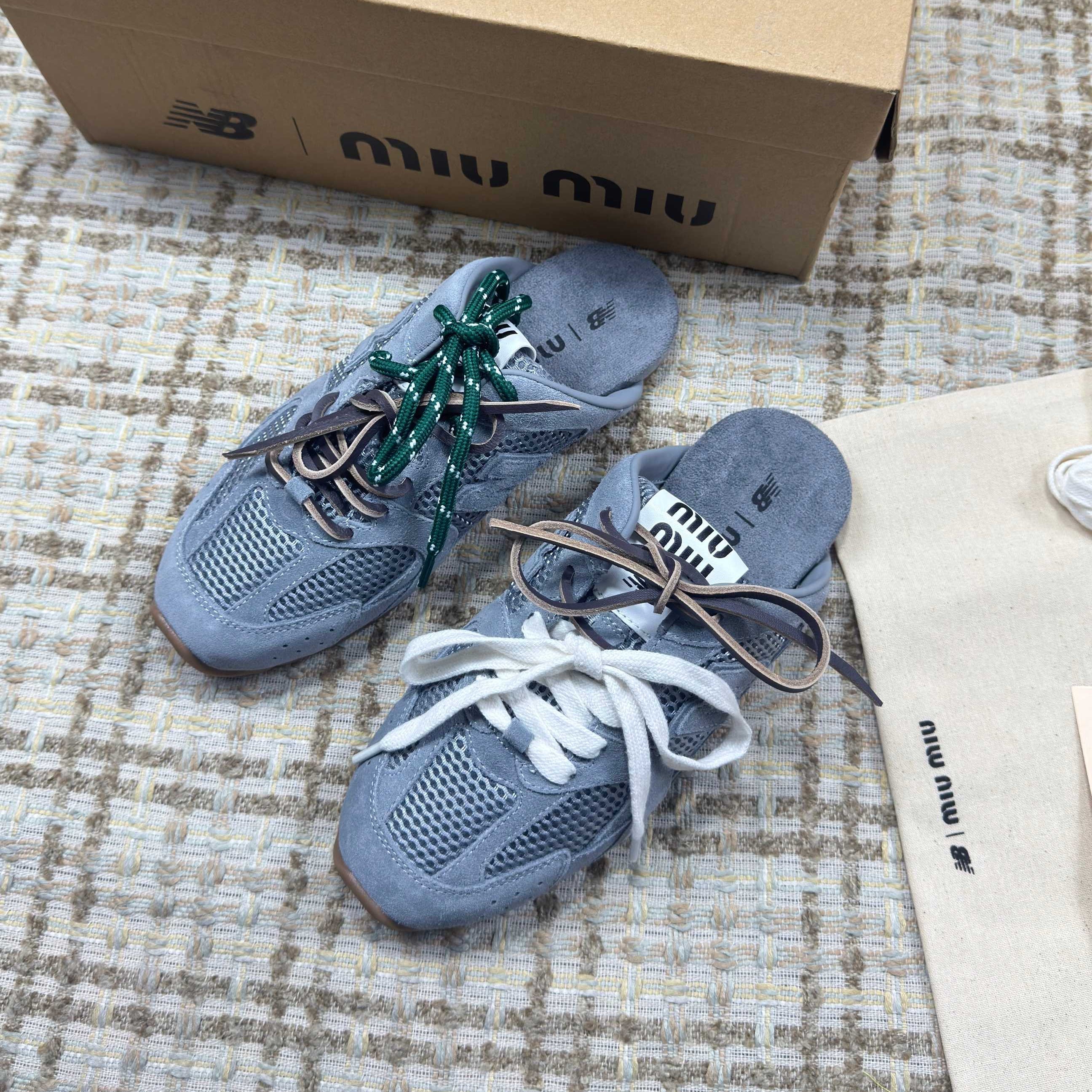 MIUMIU 26S NEW BALANCE SNEAKER MULES IN DUSTY BLUE SUEDE AND MESH