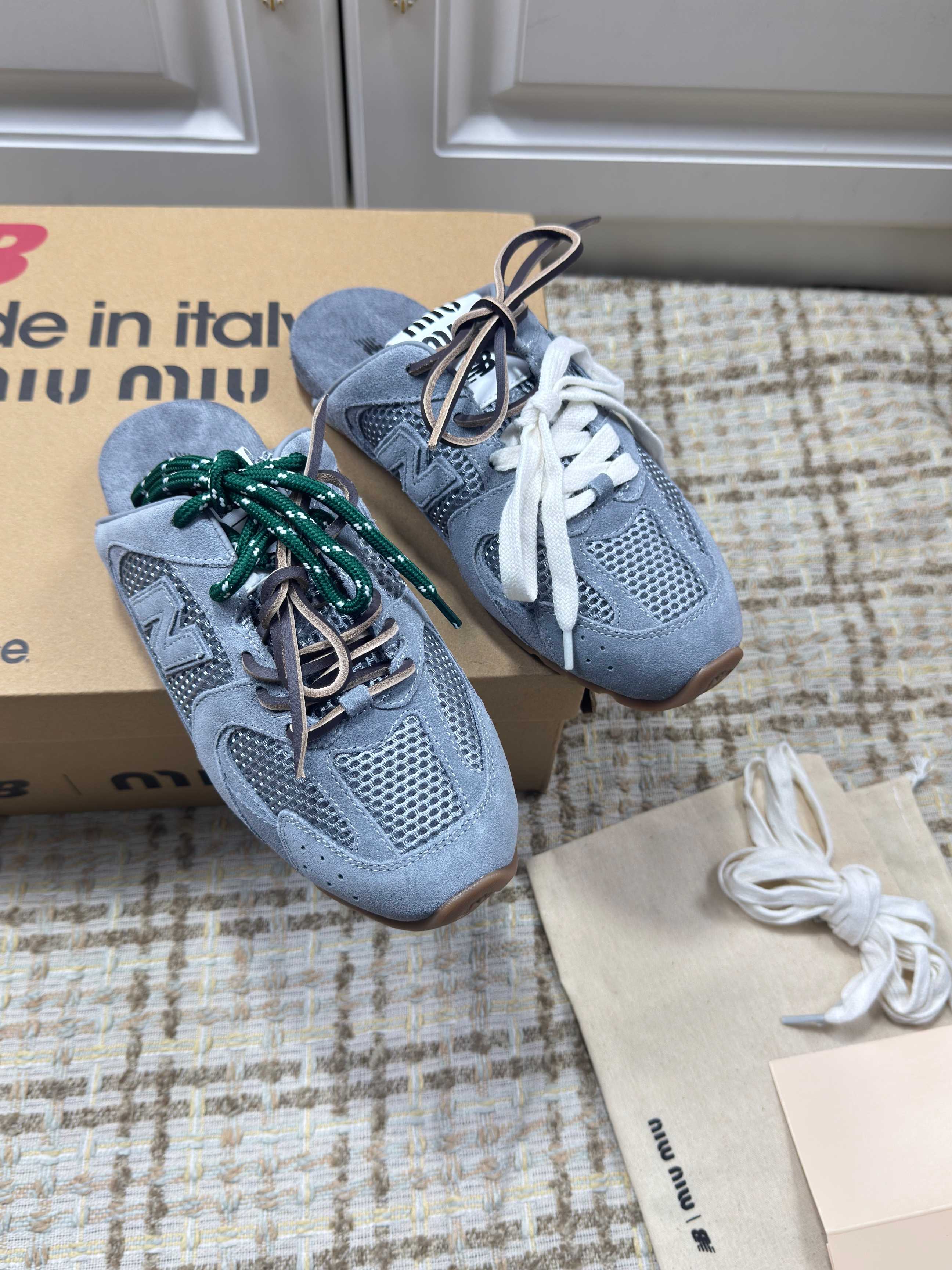 MIUMIU 26S NEW BALANCE SNEAKER MULES IN DUSTY BLUE SUEDE AND MESH