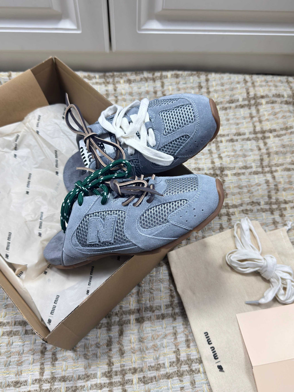 MIUMIU 26S NEW BALANCE SNEAKER MULES IN DUSTY BLUE SUEDE AND MESH