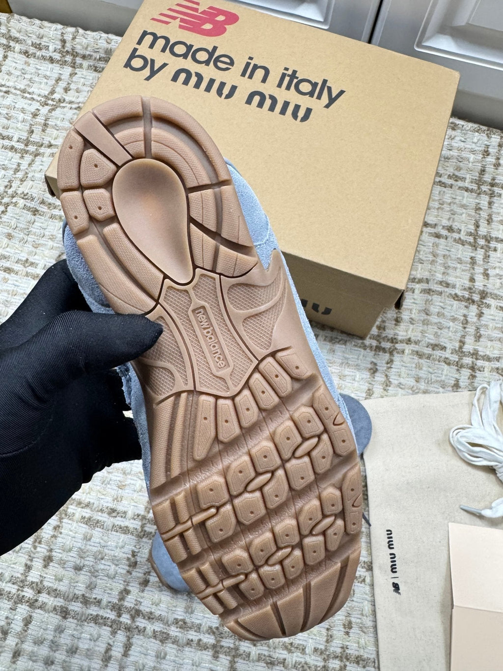 MIUMIU 26S NEW BALANCE SNEAKER MULES IN DUSTY BLUE SUEDE AND MESH