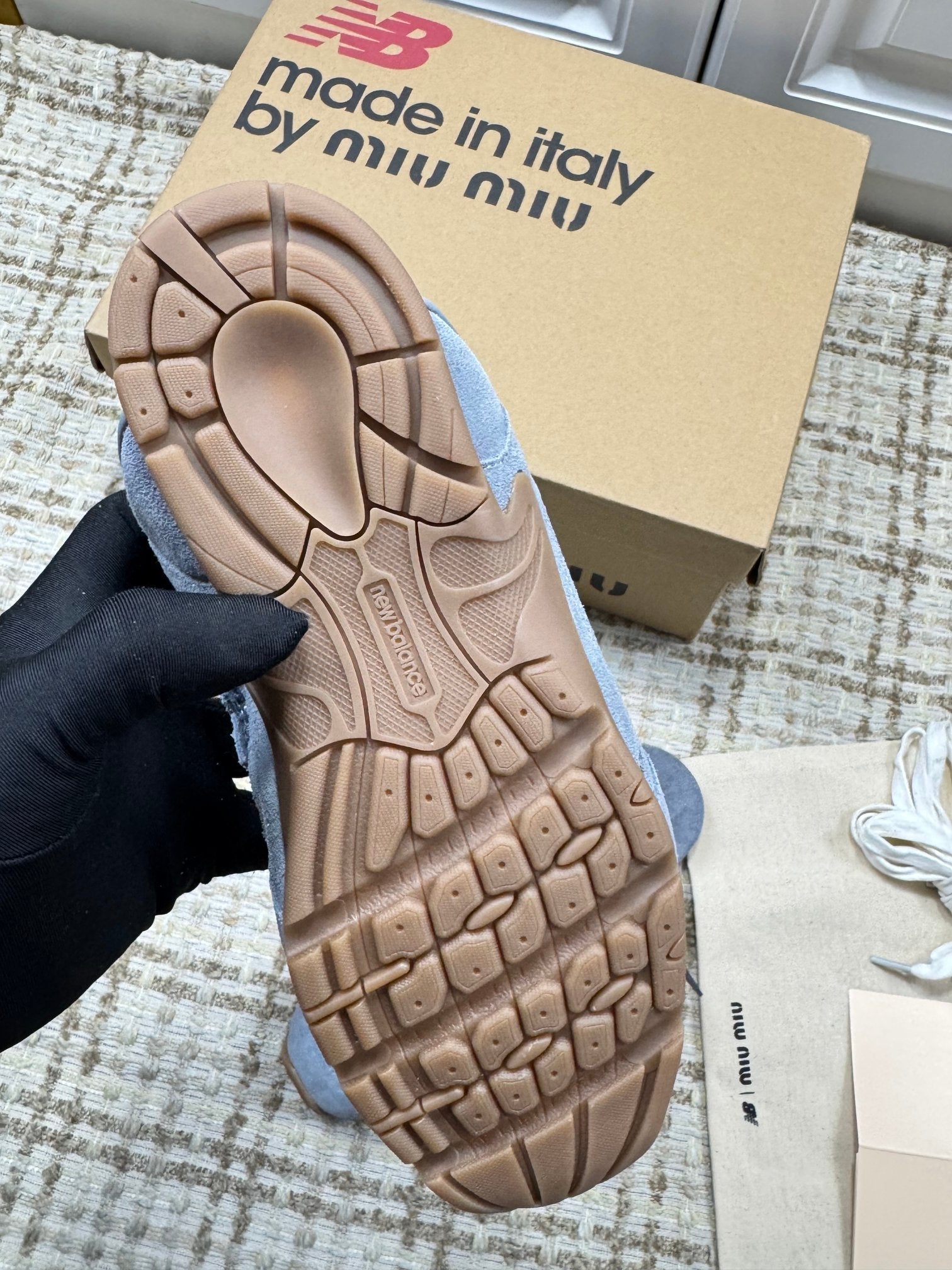 MIUMIU 26S NEW BALANCE SNEAKER MULES IN DUSTY BLUE SUEDE AND MESH