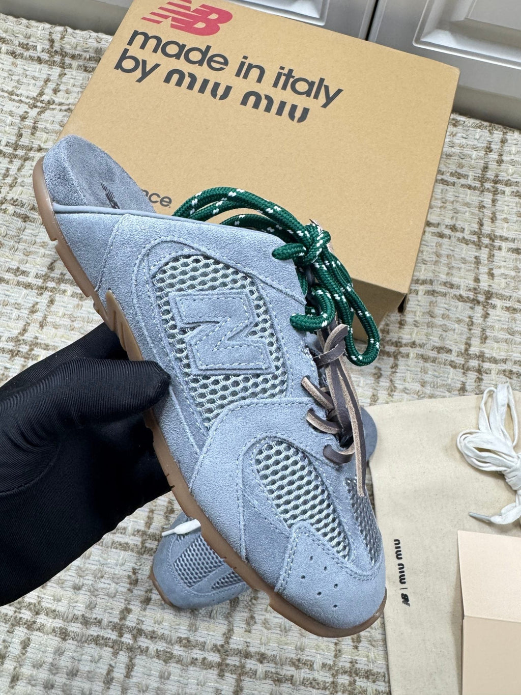MIUMIU 26S NEW BALANCE SNEAKER MULES IN DUSTY BLUE SUEDE AND MESH