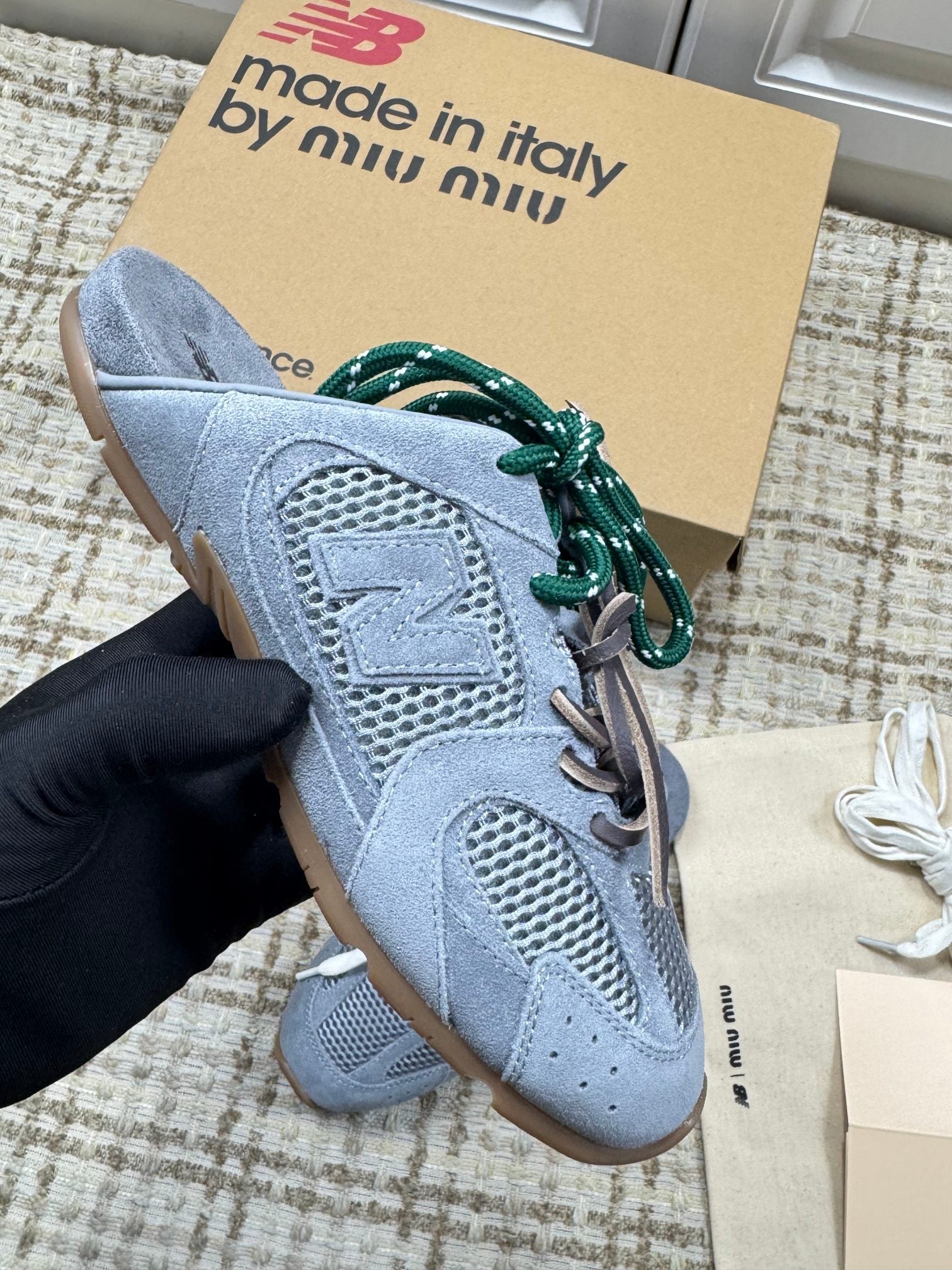 MIUMIU 26S NEW BALANCE SNEAKER MULES IN DUSTY BLUE SUEDE AND MESH
