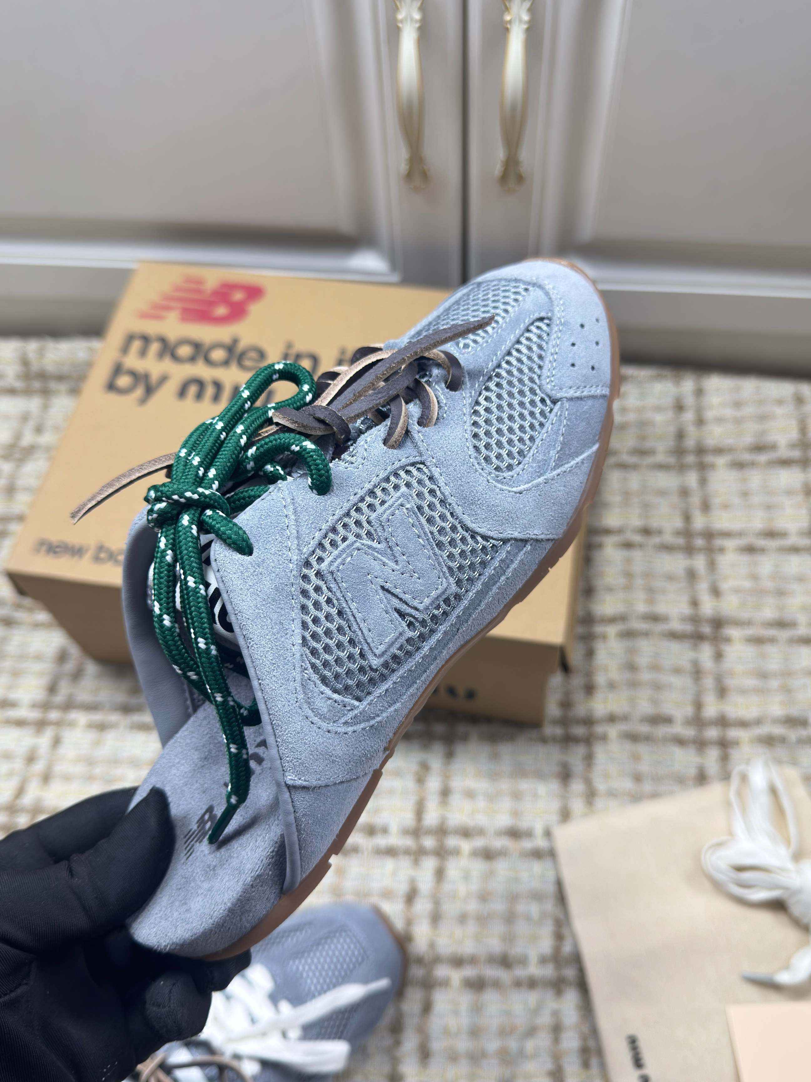 MIUMIU 26S NEW BALANCE SNEAKER MULES IN DUSTY BLUE SUEDE AND MESH
