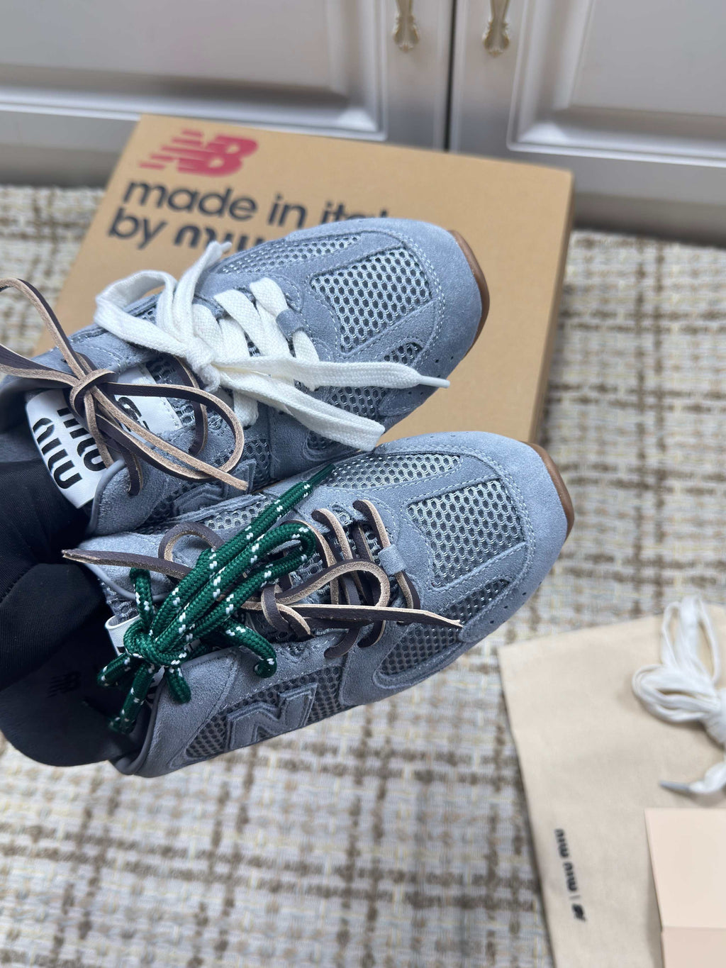 MIUMIU 26S NEW BALANCE SNEAKER MULES IN DUSTY BLUE SUEDE AND MESH
