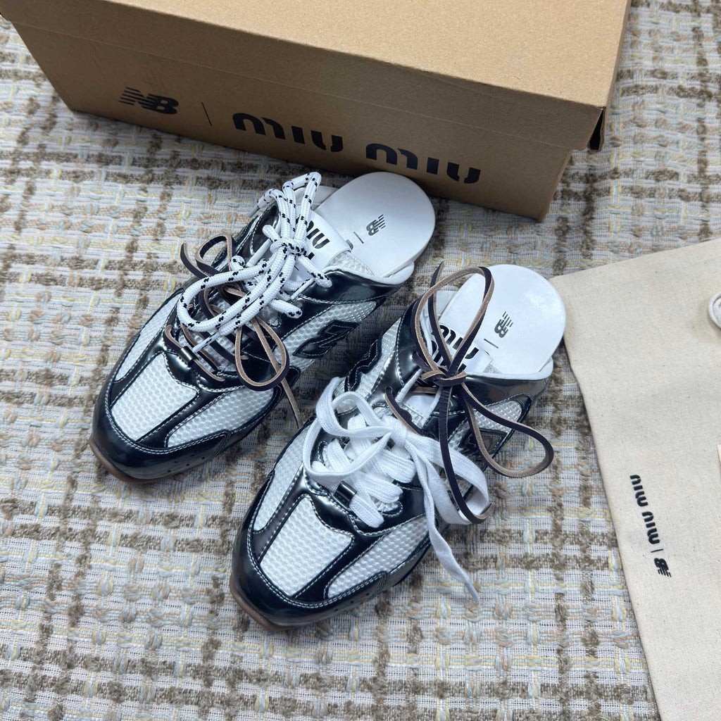 MIUMIU 26S NEW BALANCE SNEAKER MULES IN WHITE MESH AND DARK SILVER CALFSKIN
