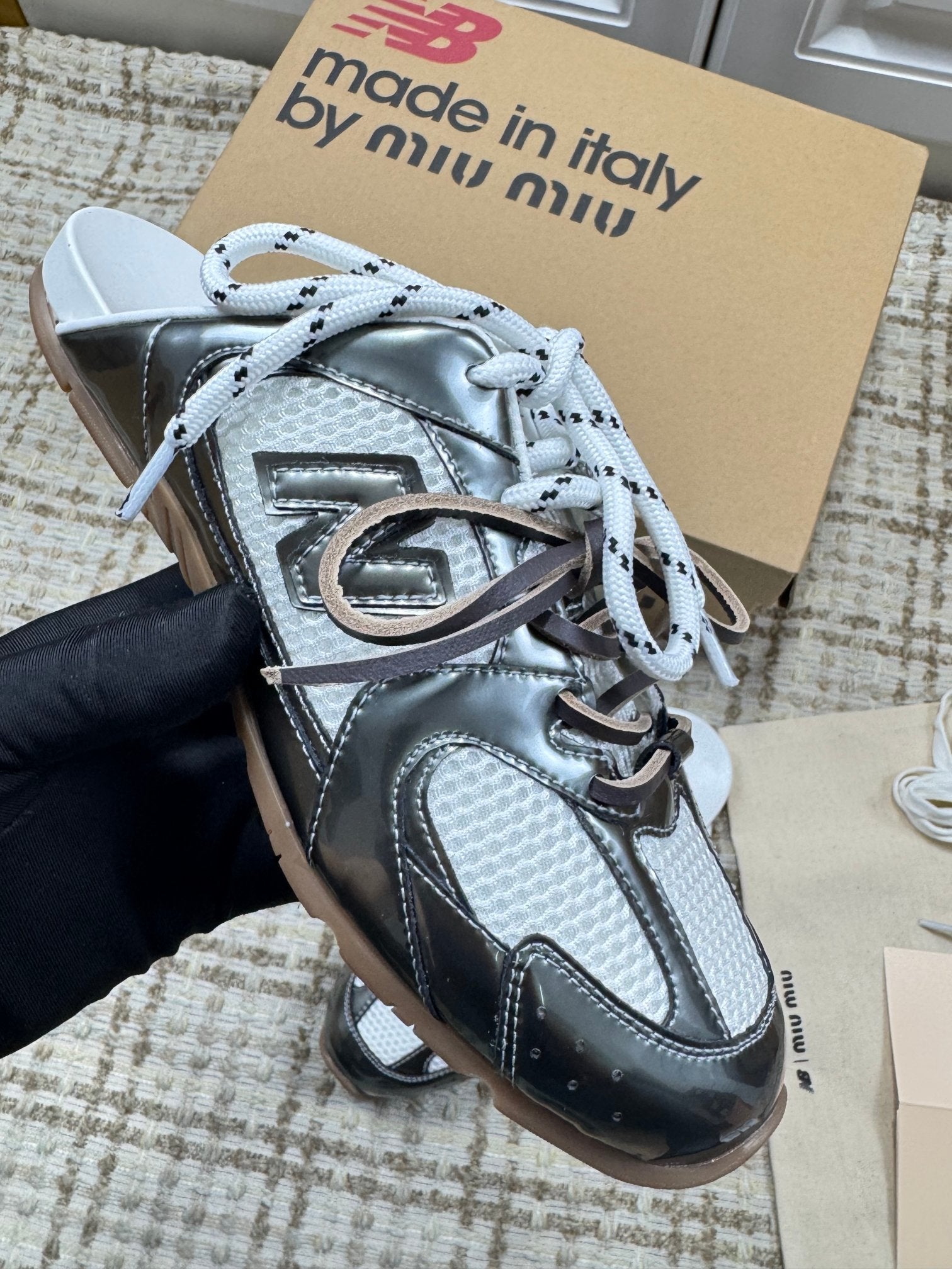 MIUMIU 26S NEW BALANCE SNEAKER MULES IN WHITE MESH AND DARK SILVER CALFSKIN