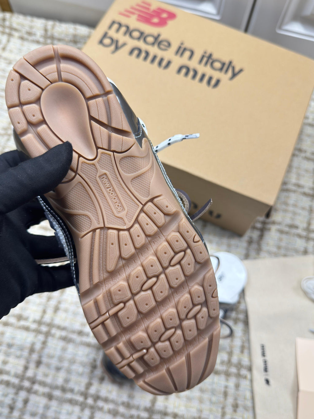 MIUMIU 26S NEW BALANCE SNEAKER MULES IN WHITE MESH AND DARK SILVER CALFSKIN