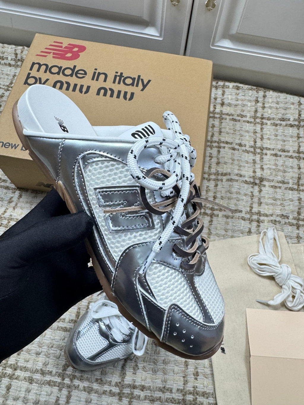 MIUMIU 26S NEW BALANCE SNEAKER MULES IN WHITE MESH AND SILVER CALFSKIN