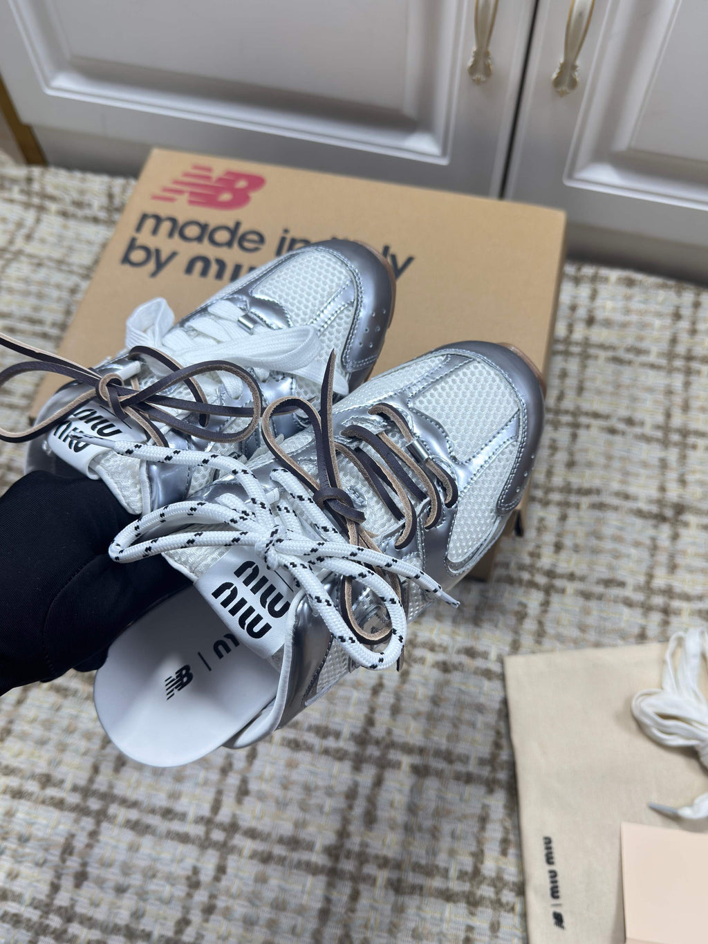 MIUMIU 26S NEW BALANCE SNEAKER MULES IN WHITE MESH AND SILVER CALFSKIN