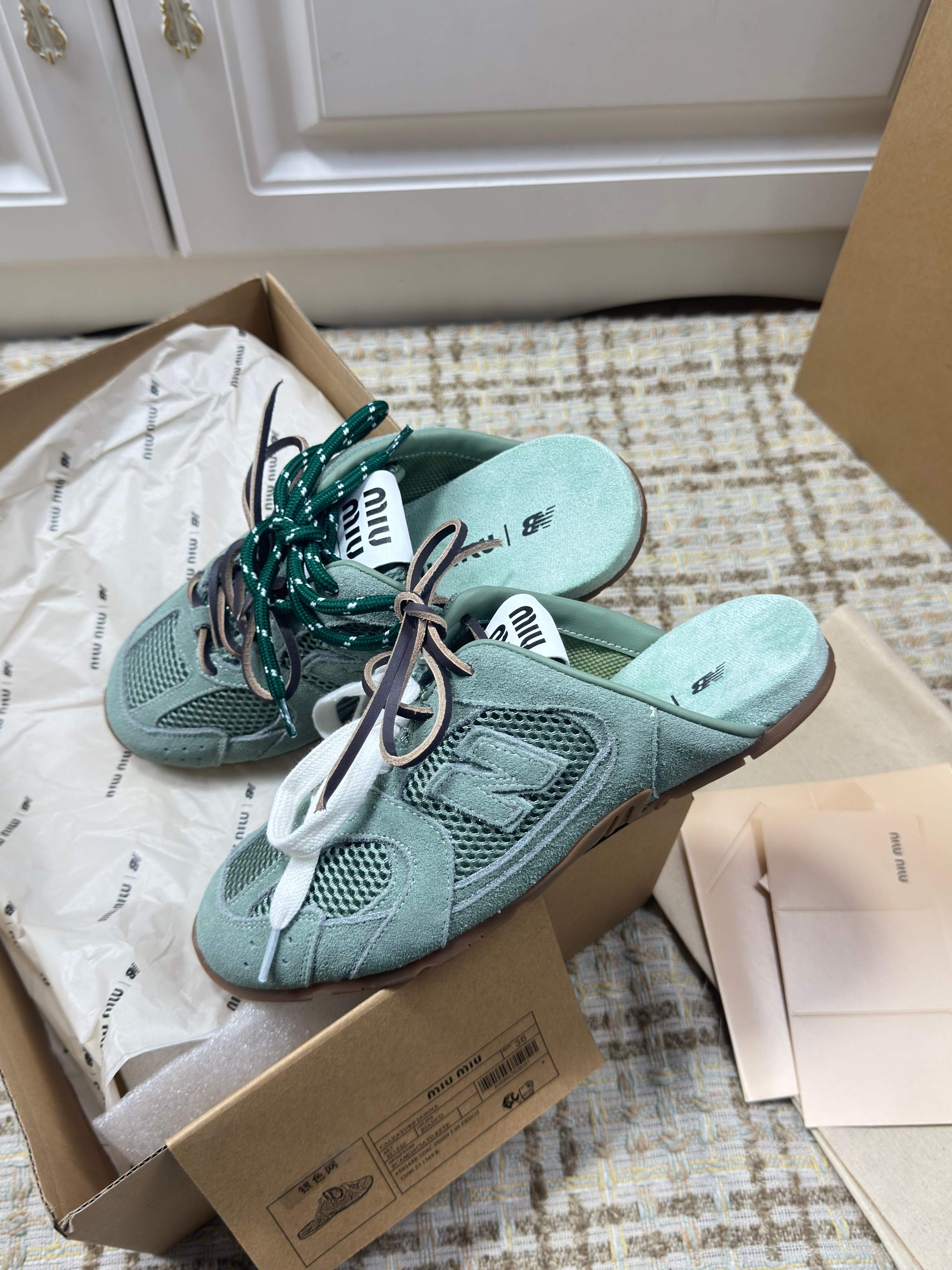 MIUMIU 26S NEW BALANCE SNEAKER MULES IN MINT GREEN SUEDE AND MESH