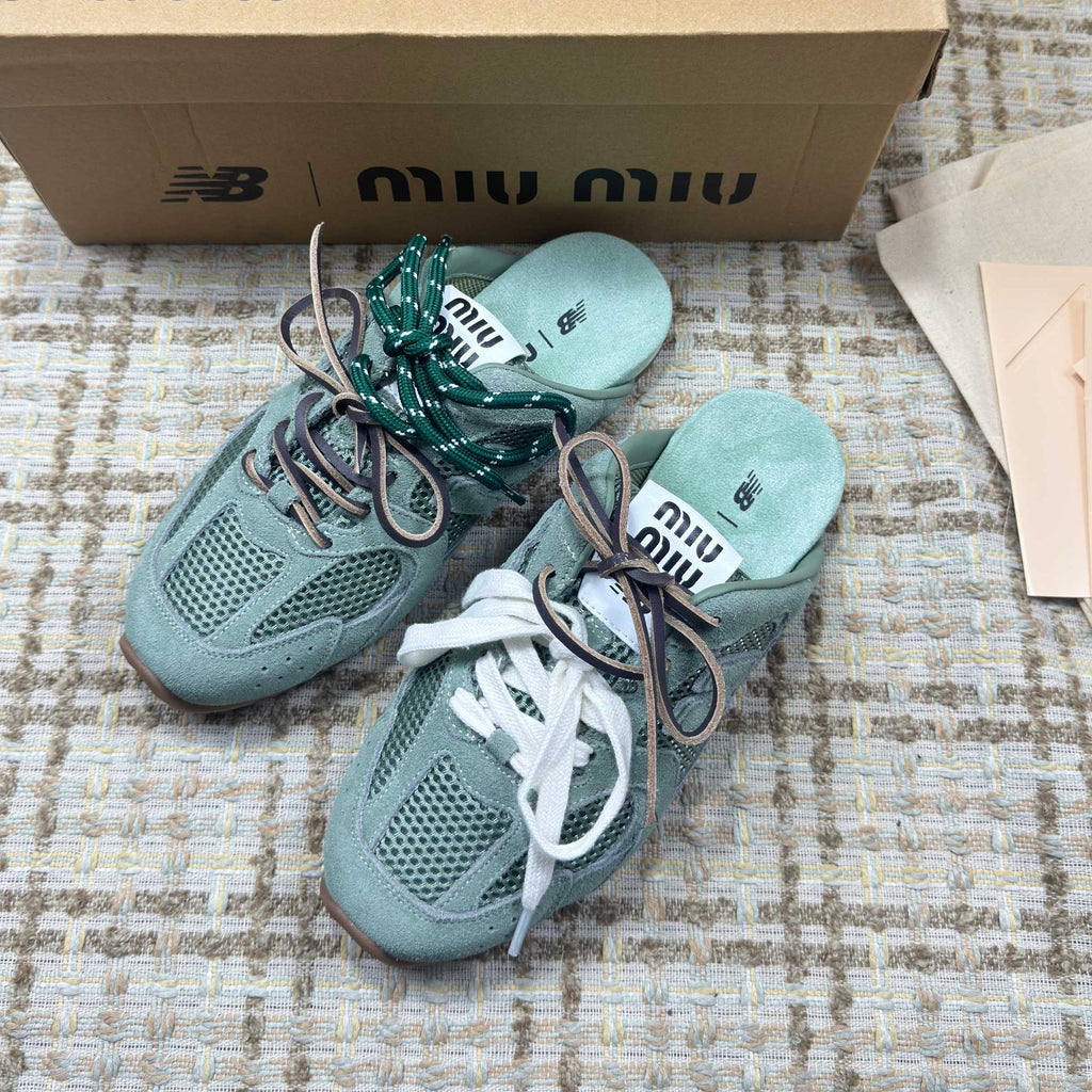 MIUMIU 26S NEW BALANCE SNEAKER MULES IN MINT GREEN SUEDE AND MESH
