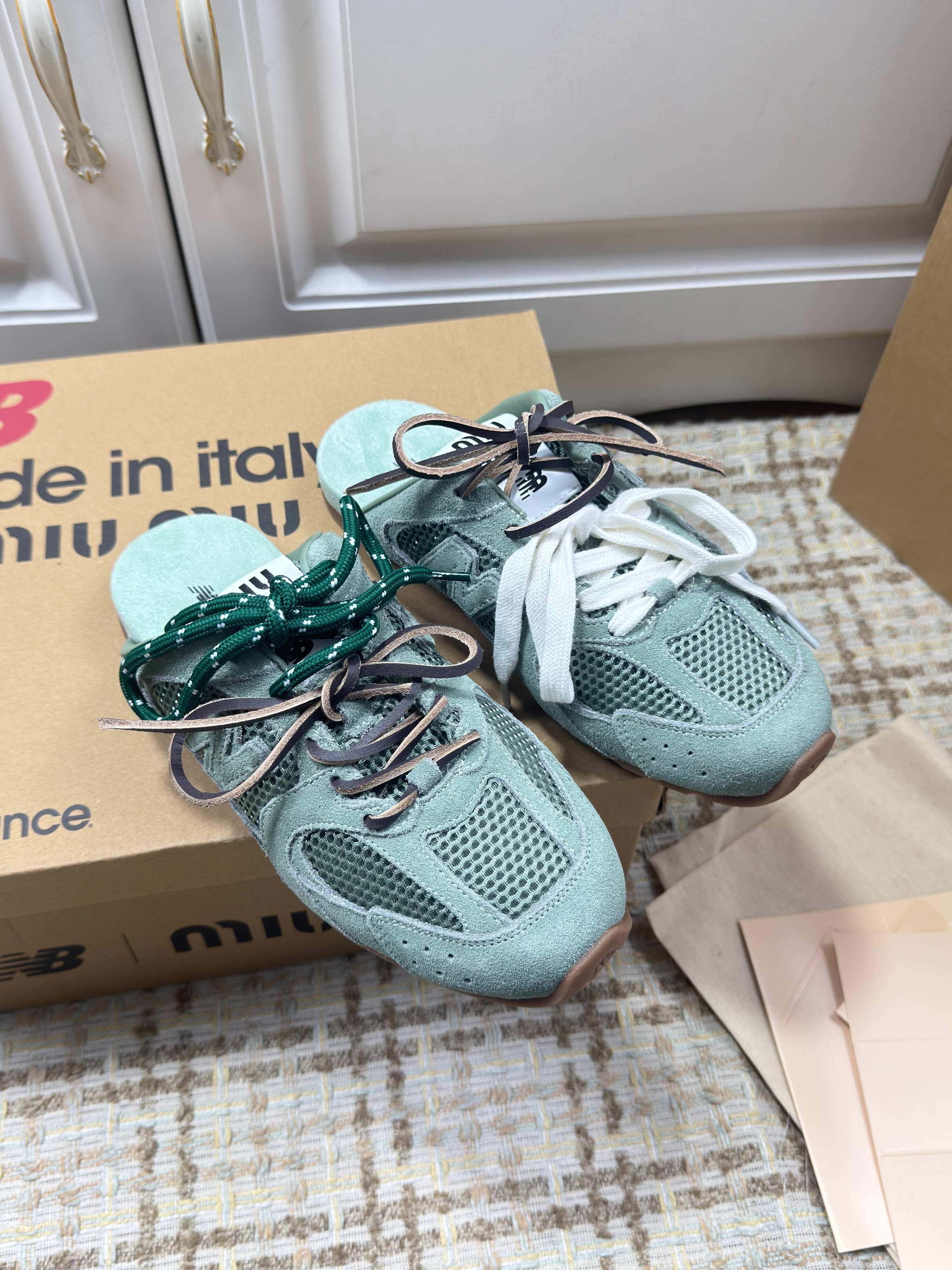 MIUMIU 26S NEW BALANCE SNEAKER MULES IN MINT GREEN SUEDE AND MESH
