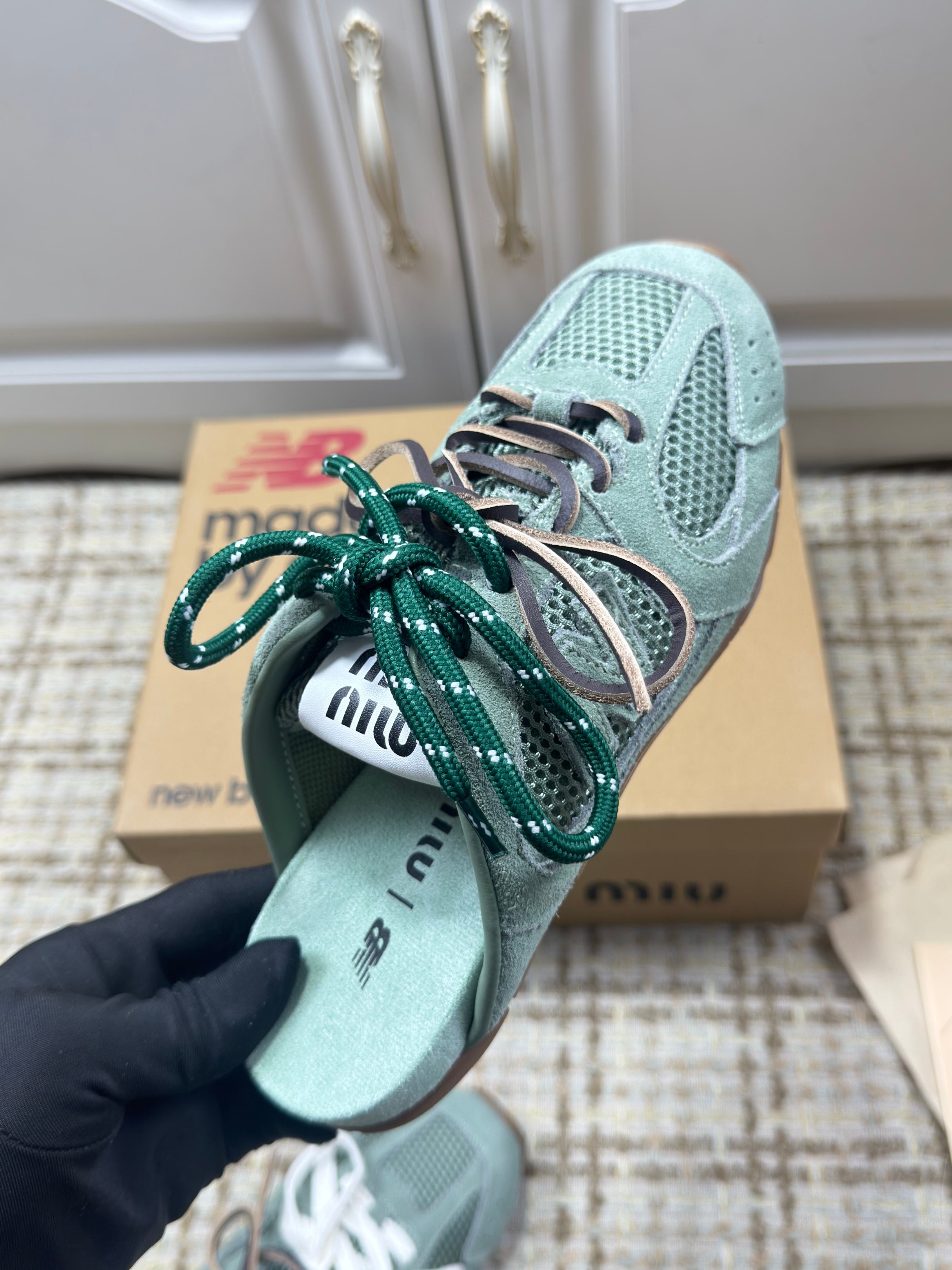 MIUMIU 26S NEW BALANCE SNEAKER MULES IN MINT GREEN SUEDE AND MESH